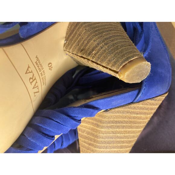 Zara Electric Blue Suede Strappy Sandals Wood Heel ~ Sz 40 10 ~ So Fetch! - Picture 7 of 7